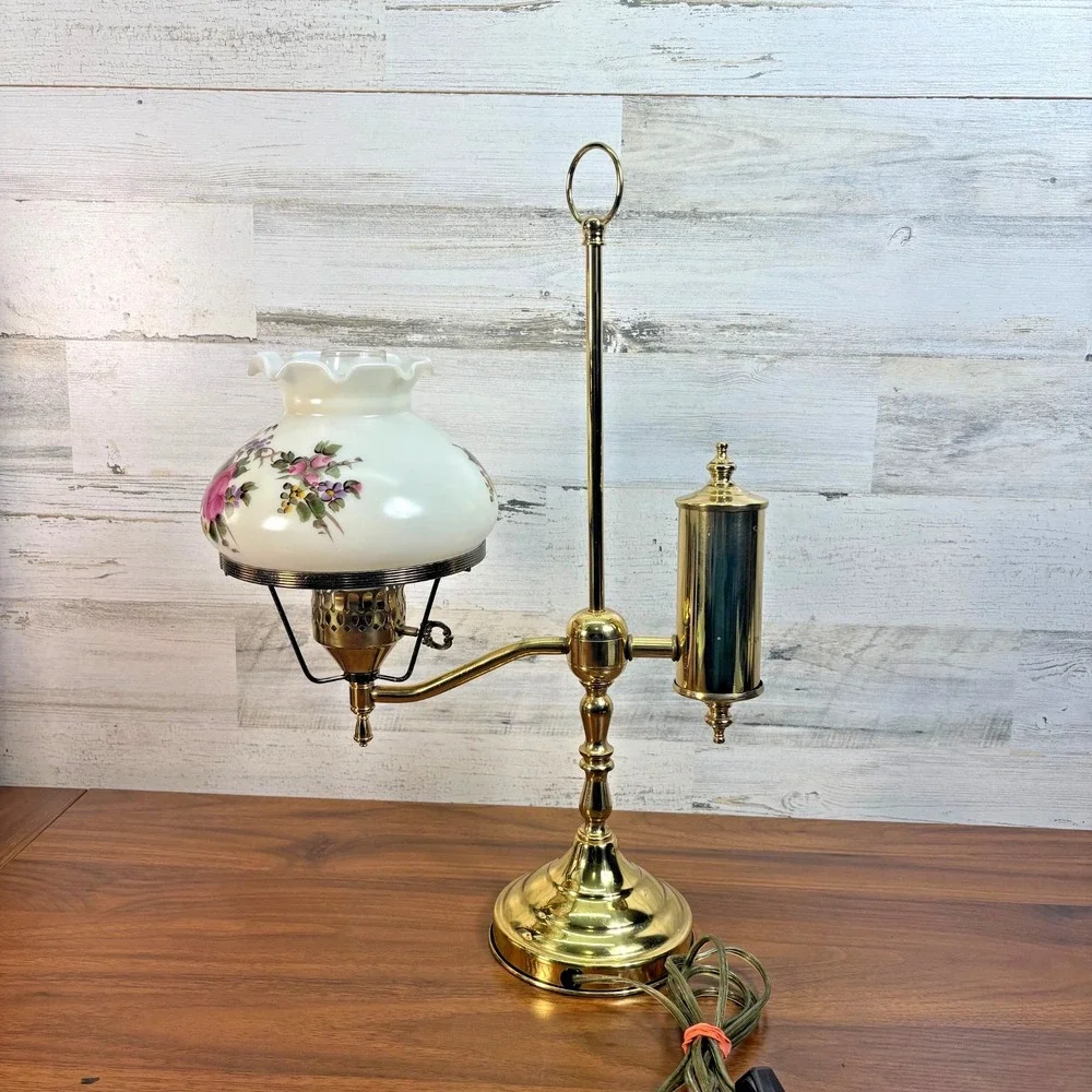 Antique Brass Student Oil Lamp Modified Wired Working with Floral Single Arm
